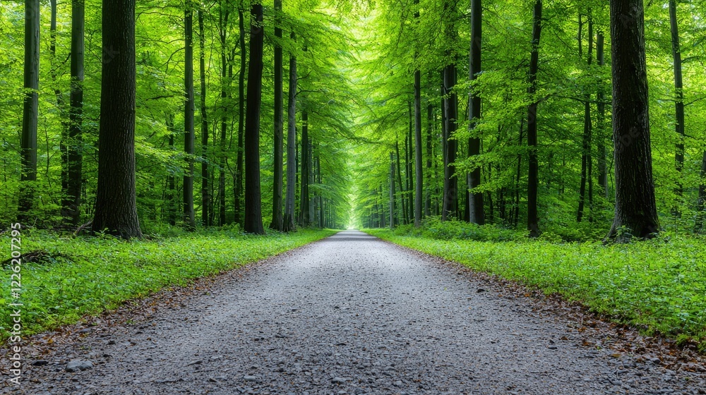 Obraz premium Forest path leading to sunlight, green trees, peaceful nature scene, perfect for travel brochures