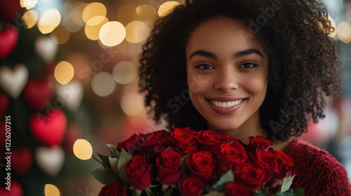 warm and inspirational woman smiling while holding bouquet of red roses, surrounded by festive atmosphere with soft lights and heart decorations