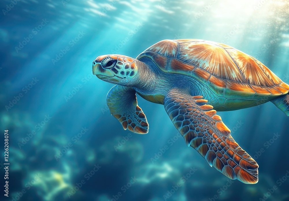 Fototapeta premium Majestic Sea Turtle Gliding Through Clear Ocean Waters with Sunlight Filtering Down and Underwater Scenery in Background