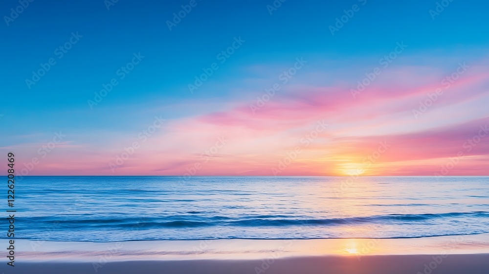 Serene Coastal Sunset With Vibrant Hues and Calm Ocean Waves Serene Coastal Sunset With Vibrant Hues and Calm Ocean Waves