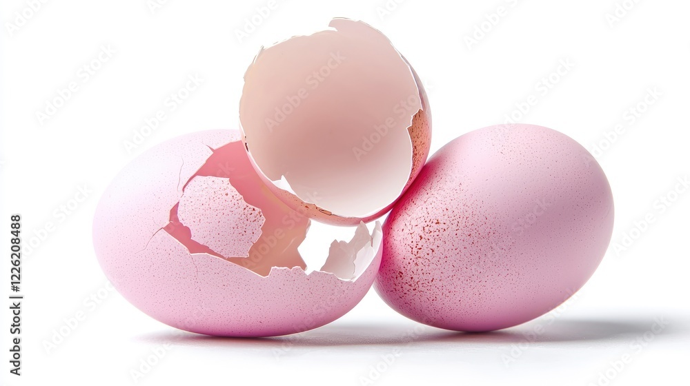 Pink eggshells cracked open on white background, new life Pink eggshells cracked open on white background, new life