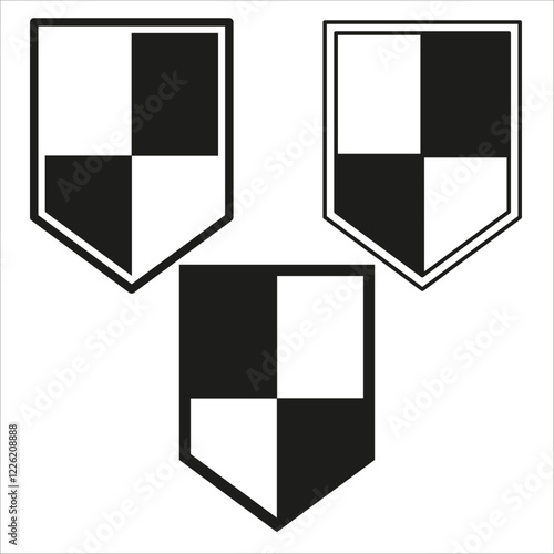 Shield icon. Black and white emblem. Simple heraldic vector. Symmetrical checkered shape.