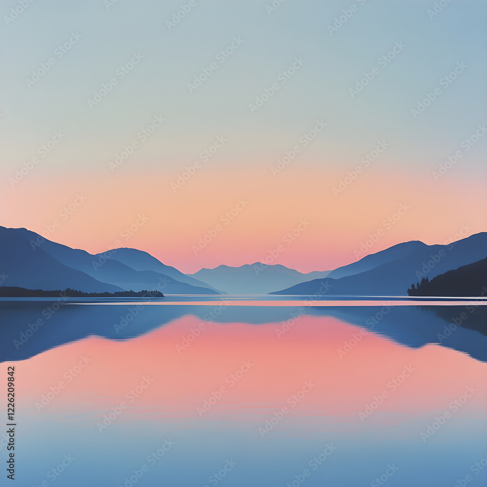 Serene Landscape at Dusk Reflecting Tranquil Waters and Mountain Silhouettes, Evoking a Sense of Onward Journey and Peace Serene Landscape at Dusk Reflecting Tranquil Waters and Mountain Silhouettes, Evoking a Sense of Onward Journey and Peace