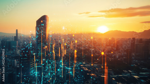 Stunning sunset over a modern city skyline showcases high-rise buildings and technology-inspired visual effects at dusk