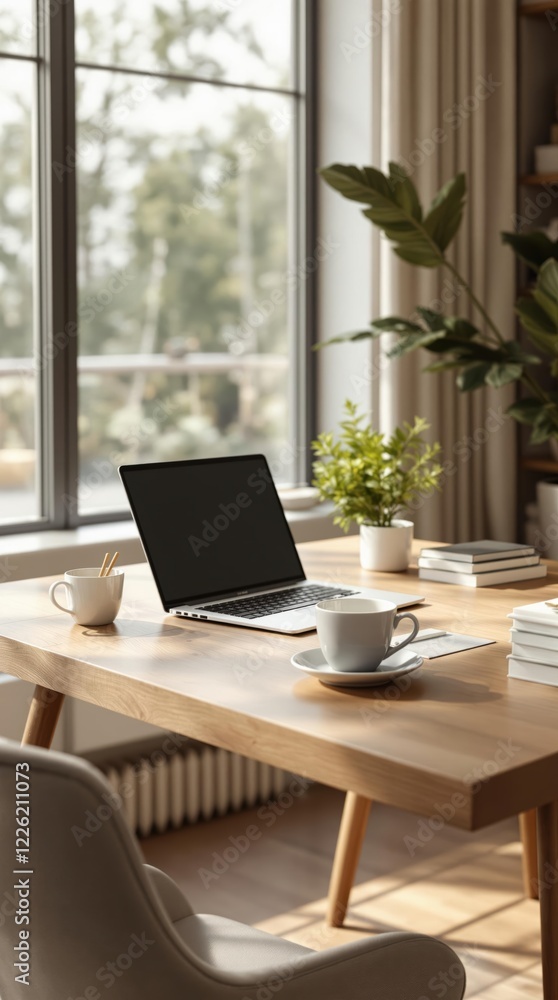 Fototapeta premium Modern home office with laptop and coffee on wooden desk in bright natural light