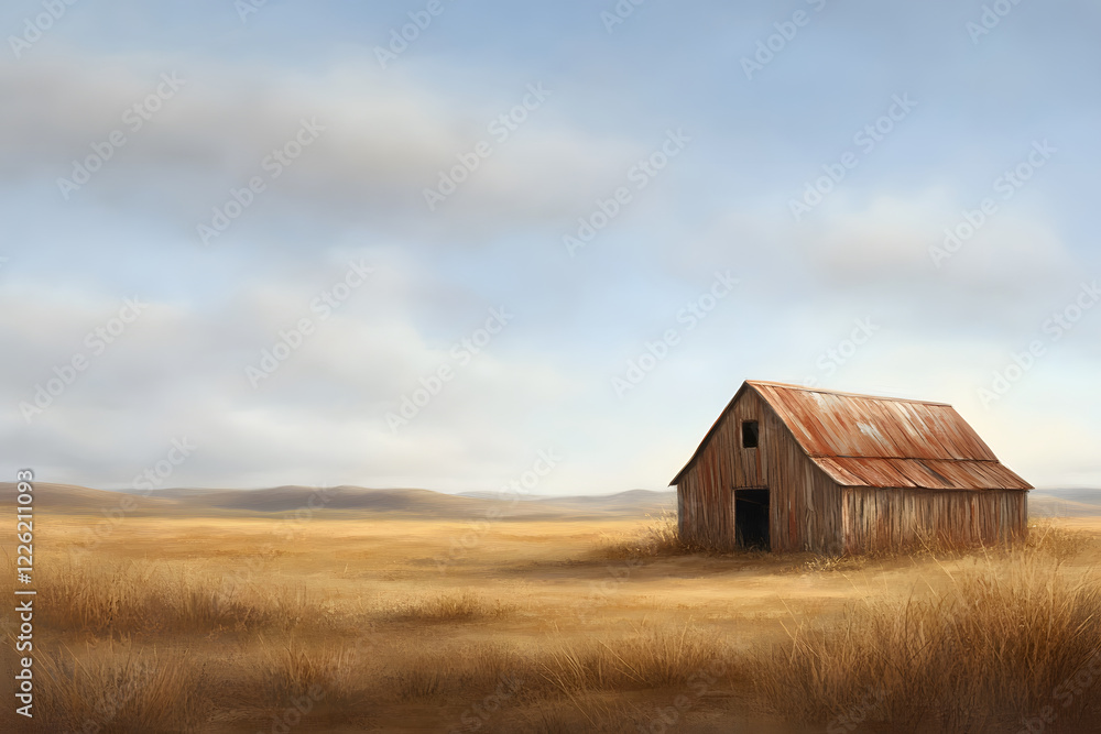 serene rural landscape featuring rustic barn in golden field serene rural landscape featuring rustic barn in golden field