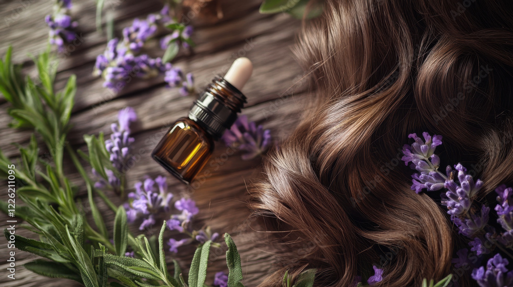 Fototapeta premium Natural hair oil with lavender and herbs, promoting relaxation and nourishment for healthy hair. Perfect for self care routines and enhancing hair vitality