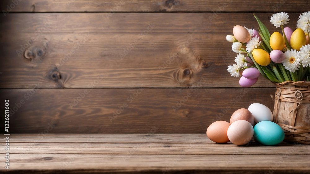 Easter Egg Wallpaper Background with Painted Eggs and Bouquet of Spring Flowers on a Rustic Wood Table and Wood Backdrop, with Space for Text Easter Egg Wallpaper Background with Painted Eggs and Bouquet of Spring Flowers on a Rustic Wood Table and Wood Backdrop, with Space for Text