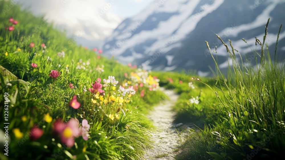 Obraz premium 14.A captivating image of the Tour du Mont Blanc trail, a narrow path winding through an expansive meadow, leading toward the towering snow-covered Mont Blanc massif. The lush green grass is dotted