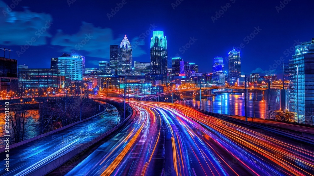 Fototapeta premium 16.A vibrant night view of Cincinnatiâ€™s downtown skyline, with tall skyscrapers illuminated against the deep blue night sky. The Great American Tower stands prominently, glowing brightly amidst the