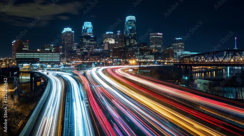 Fototapeta premium 17.A dynamic nighttime scene of downtown Cincinnati, where modern skyscrapers rise high into the night sky, their windows illuminated with bright lights. The cityâ€™s iconic bridges cross the river,
