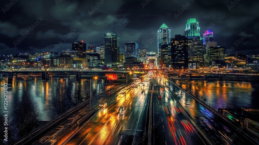 Obraz premium 19.A lively night scene of Cincinnati’s downtown, where the skyline is aglow with colorful lights from skyscrapers and the lights of vehicles on the bridges below. The tall buildings reflect off the