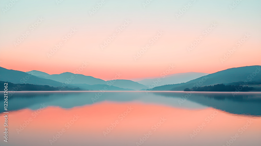 Serene Landscape at Dusk Reflecting Tranquil Waters and Mountain Silhouettes, Evoking a Sense of Onward Journey and Peace Serene Landscape at Dusk Reflecting Tranquil Waters and Mountain Silhouettes, Evoking a Sense of Onward Journey and Peace