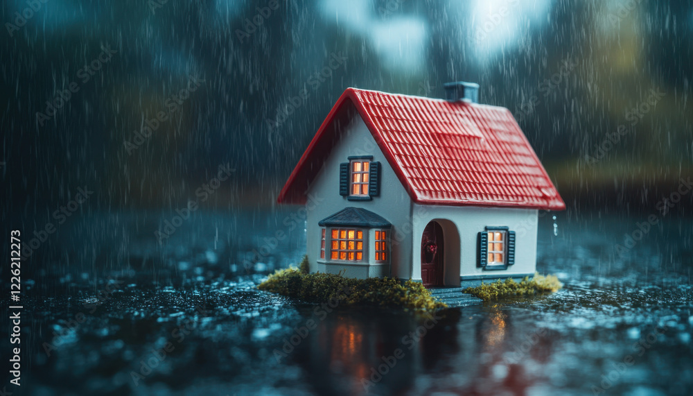 miniature house with red roof sits in rain, illuminated from within, creating cozy atmosphere amidst storm miniature house with red roof sits in rain, illuminated from within, creating cozy atmosphere amidst storm