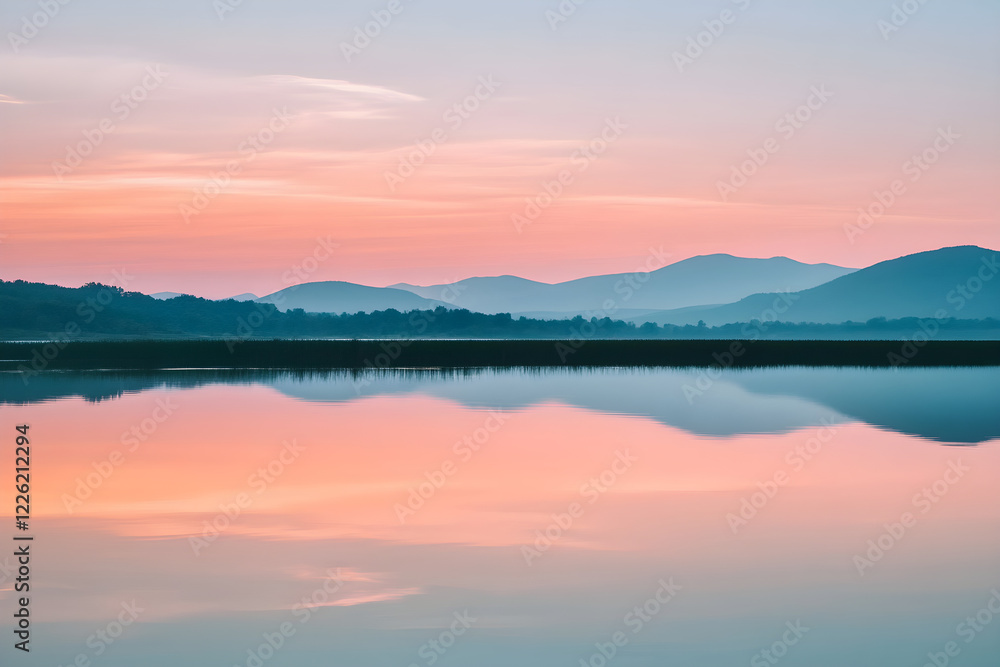 Fototapeta premium Serene Landscape at Dusk Reflecting Tranquil Waters and Mountain Silhouettes, Evoking a Sense of Onward Journey and Peace