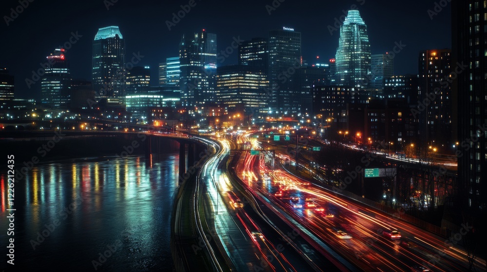 Fototapeta premium 25.A vibrant, nighttime cityscape of downtown Cincinnati, with high-rise buildings lighting up the skyline. The bridge across the river is illuminated with traffic moving smoothly, leaving glowing