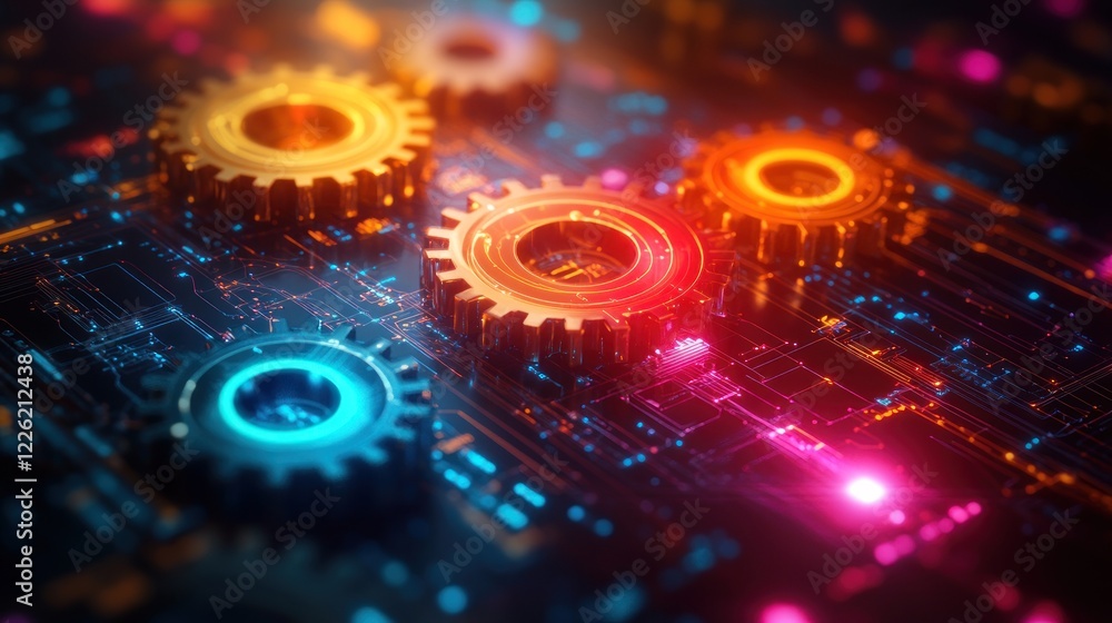 Fototapeta premium Glowing gears on a circuit board.