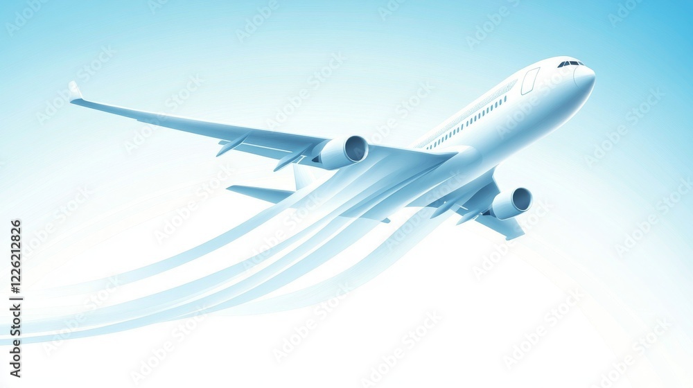 Obraz premium 31.A simple, clean vector illustration of an airplane soaring through the sky, with the background gradually fading behind it. The airplane is sleek and modern, and the sky behind it is a gradient of