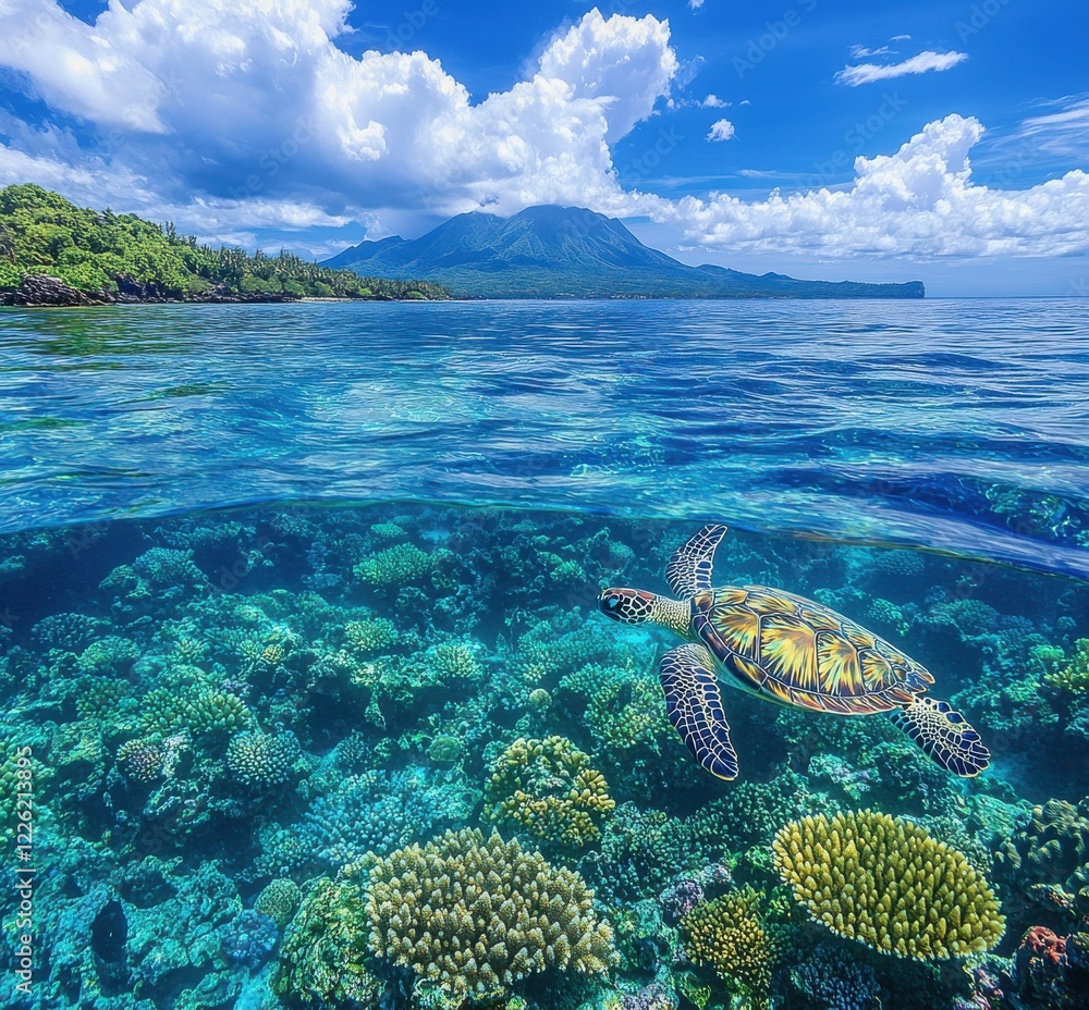 Obraz premium Majestic Sea Turtle Swimming Through Vibrant Coral Reef Near Tropical Island Under Bright Blue Sky with Clouds