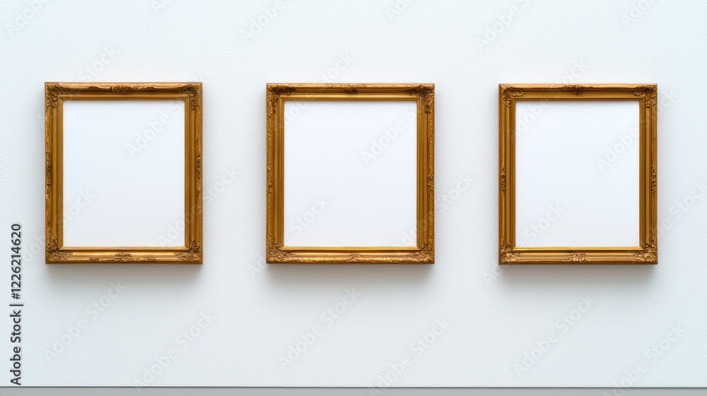 Three empty ornate frames hanging on a wall, suggesting potential artwork or display. Three empty ornate frames hanging on a wall, suggesting potential artwork or display.