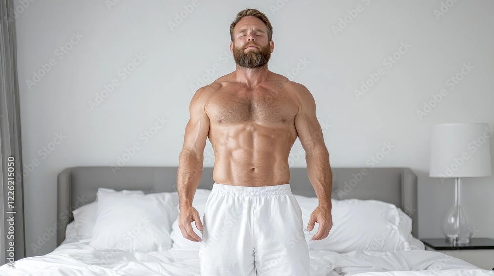 Fototapeta premium Man meditating in bedroom, peaceful morning, fitness, wellness