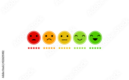 Customer feedback five star rating emoji face happy sad mood emotion expression. Client service user satisfaction survey review rating icons vector
