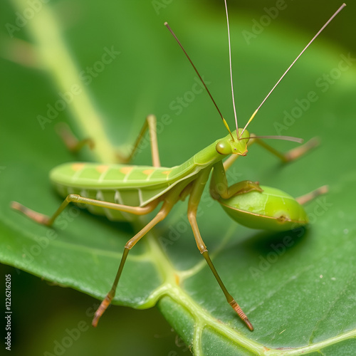 Close view of a leaf mantid (Choeradodis rhombicollis) assumes its threat postu re.; Barro Colorado Island, Panama photo