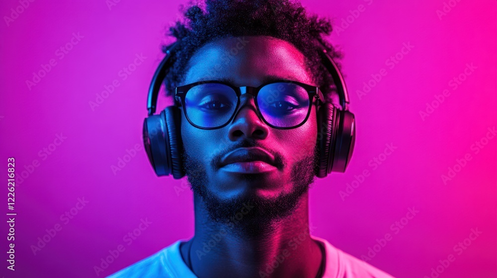Young man with headphones, glasses, in vibrant neon light. Young man with headphones, glasses, in vibrant neon light.