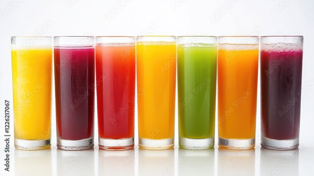 Eight glasses of colorful fruit juice. Eight glasses of colorful fruit juice.
