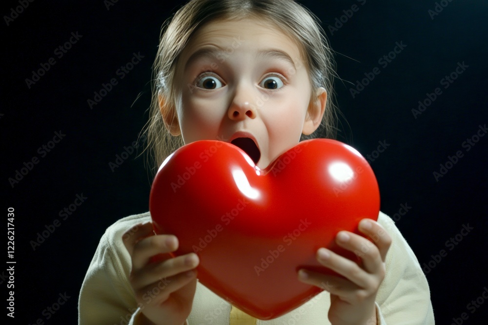 Сhildren valentine's day greeting card: child girl with cheerful face holds red heart in hands. Commercial ad conceptual art. Sign of love. Heart-themed celebration. Red heart kids' theme. Сhildren valentine's day greeting card: child girl with cheerful face holds red heart in hands. Commercial ad conceptual art. Sign of love. Heart-themed celebration. Red heart kids' theme.