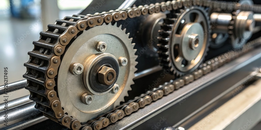 Detailed look at metal gears and chains in an industrial machinery setting focused on precision engineering Detailed look at metal gears and chains in an industrial machinery setting focused on precision engineering