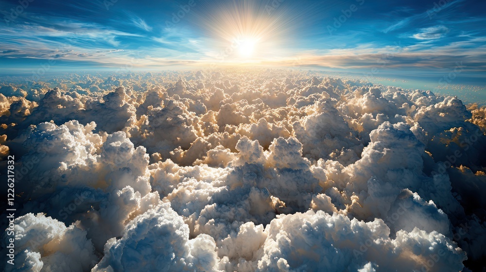 Naklejka premium A breathtaking view of fluffy clouds illuminated by a radiant sun in a blue sky.