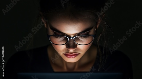 Woman with glasses intensely focused on laptop screen in low light.
