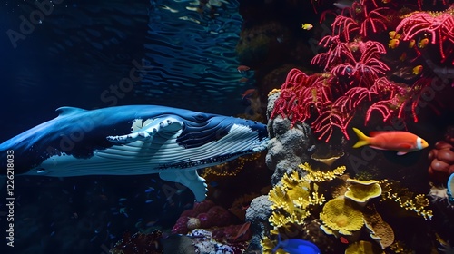 photo of a beautiful blue whale behind is colorful photo