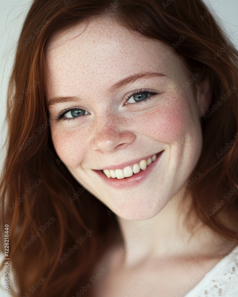 Young woman with radiant smile showcasing natural beauty in soft lighting indoors Young woman with radiant smile showcasing natural beauty in soft lighting indoors