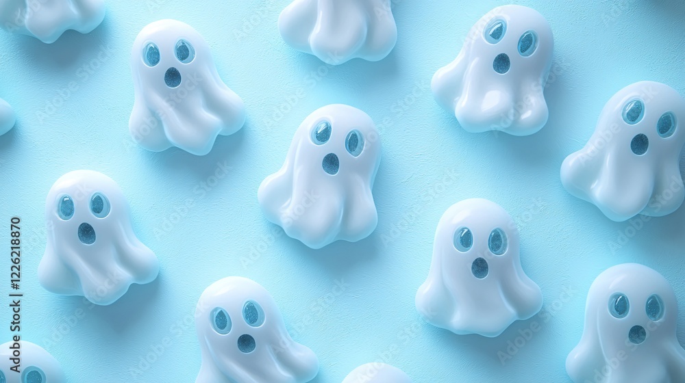 Array Of Ghostly Candy Treats Scattered On Solid Pale Blue Background Light And Tasty Sweetness. Array Of Ghostly Candy Treats Scattered On Solid Pale Blue Background Light And Tasty Sweetness.