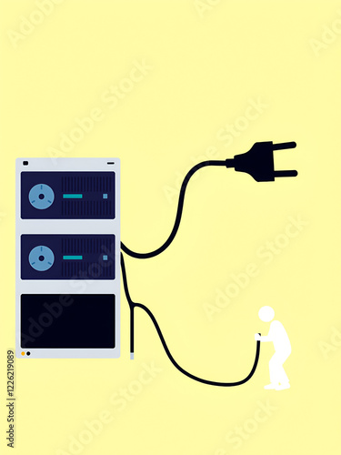 A minimalist figure of a man holding a large power cable, symbolizing system reboots and troubleshooting power issues. photo