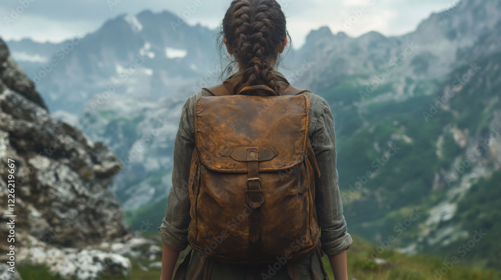 person with braided hairstyle stands in mountainous landscape, wearing brown leather backpack. scene captures sense of adventure and exploration in nature person with braided hairstyle stands in mountainous landscape, wearing brown leather backpack. scene captures sense of adventure and exploration in nature