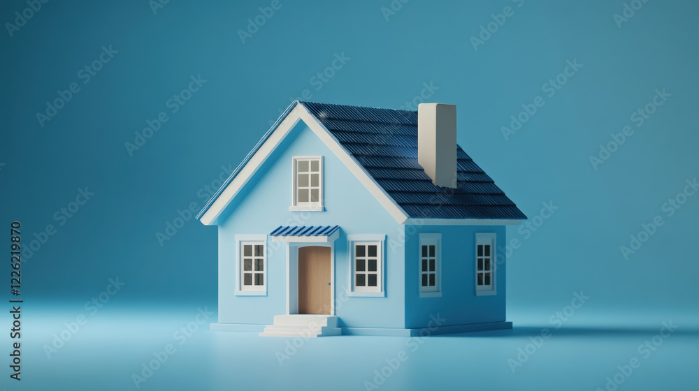 tiny, cute blue house with chimney and windows, set against soft blue background, evokes sense of warmth and comfort tiny, cute blue house with chimney and windows, set against soft blue background, evokes sense of warmth and comfort