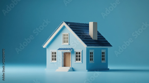 Wallpaper Mural tiny, cute blue house with chimney and windows, set against soft blue background, evokes sense of warmth and comfort Torontodigital.ca