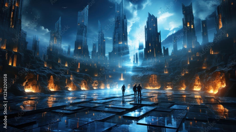 Obraz premium Nightfall in the Obsidian City: A Futuristic Metropolis
