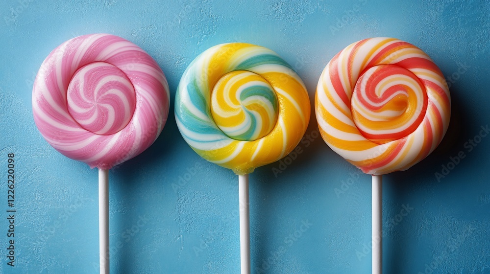 Three colorful swirled lollipops on blue background. Three colorful swirled lollipops on blue background.