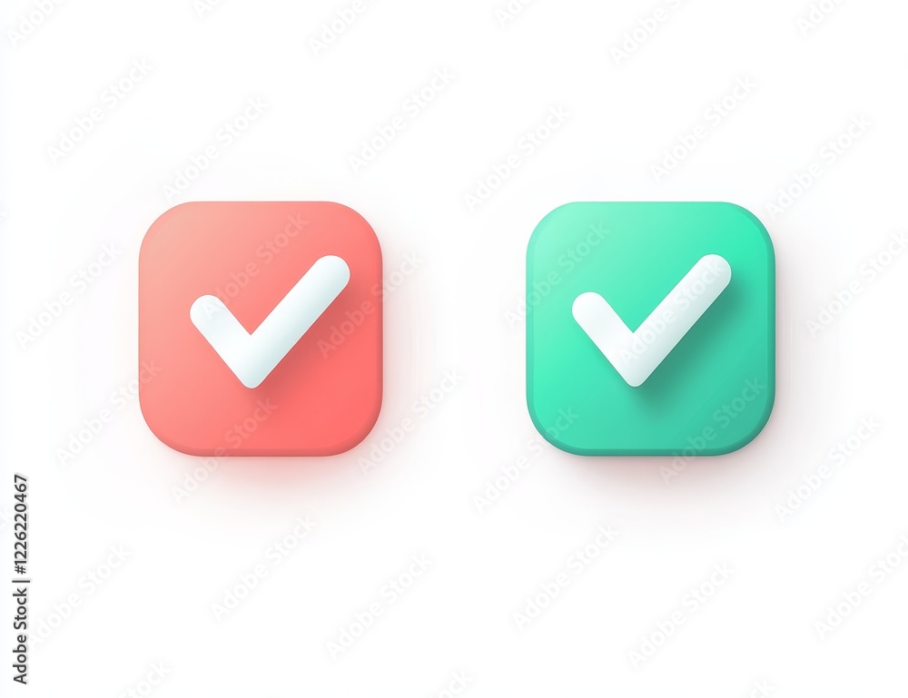3D checkmark icons, red and green square buttons. 3D checkmark icons, red and green square buttons.