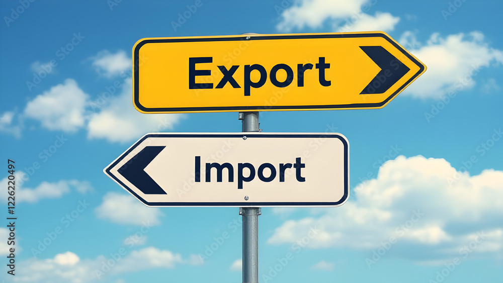 Import export yellow sign board against blue sky, trade between countries, trade surplus, tariff. Import export yellow sign board against blue sky, trade between countries, trade surplus, tariff.