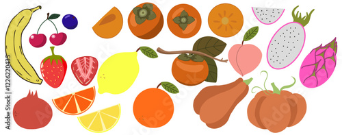 A set of different berries and fruits. Persimmon, Dragon Fruit, pumpkin, banana, strawberries. Proper nutrition and vitamins.