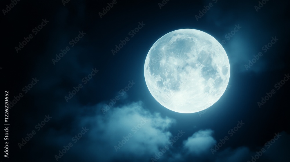 Bright full moon illuminating a night sky with scattered clouds, creating a serene atmosphere Bright full moon illuminating a night sky with scattered clouds, creating a serene atmosphere