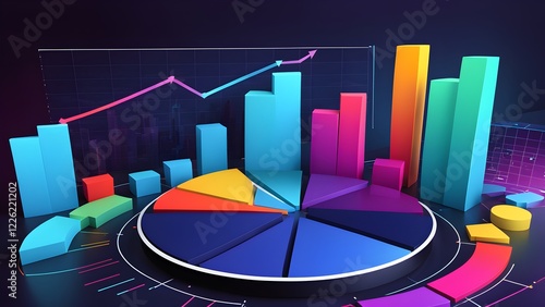 Obraz na płótnie Vibrant 3D infographic depicting a rising growth trend with bar charts, pie chart, and various data visualizations in a futuristic, dark setting. w salonie