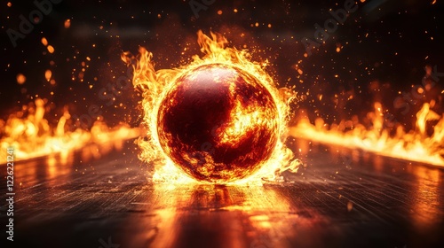 Fiery sphere rolling on dark surface. photo