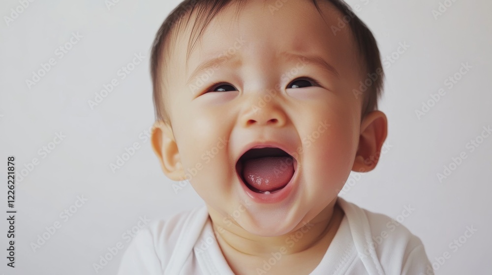 Joyful baby boy laughing with wide smile against plain background during cheerful moment at home Joyful baby boy laughing with wide smile against plain background during cheerful moment at home