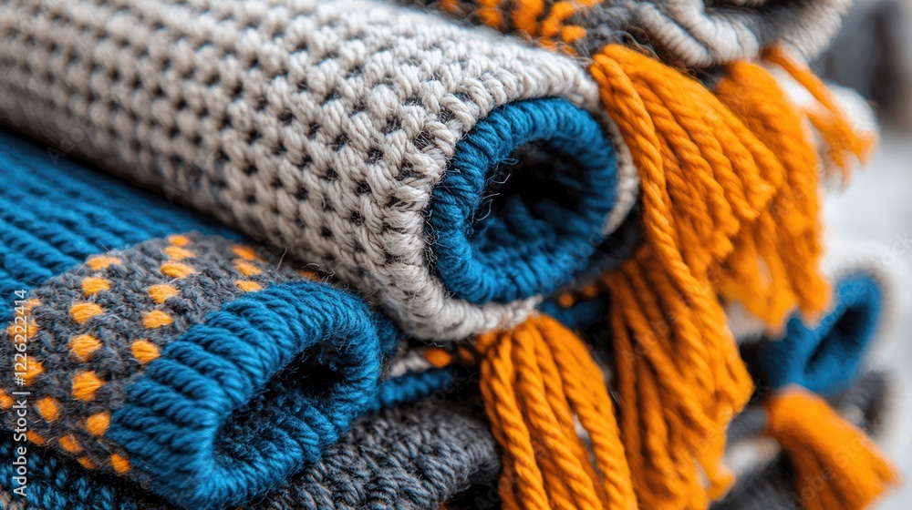 A stack of colorful woven blankets featuring intricate patterns and tassels. A stack of colorful woven blankets featuring intricate patterns and tassels.